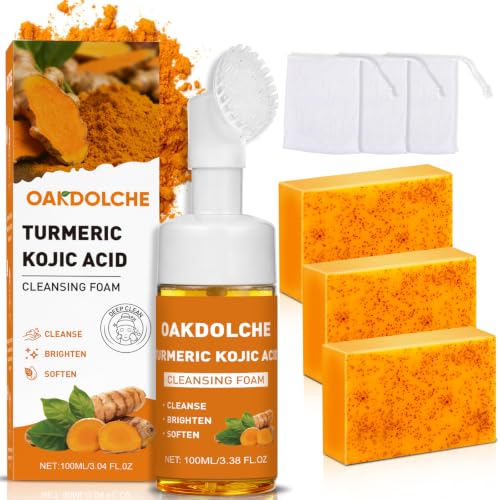 Image of 3Pcs Turmeric Wash Set-Turmeric Face Wash with Brush, 3 Turmeric Kojic Acid Soap Bars(60g), 3 Foaming Nets, Deep Cleansing for Face & Body Cleanser