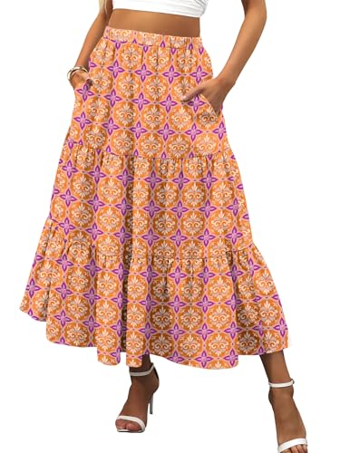 Image of ANRABESS Women's Summer Boho Flowy Swing Tiered A-Line Maxi Skirt 2026 Fashion Trendy Elastic Waist Pleated Long Beach Dress