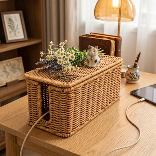 Caja para esconder cables de ratán contra el desorden del escritorio