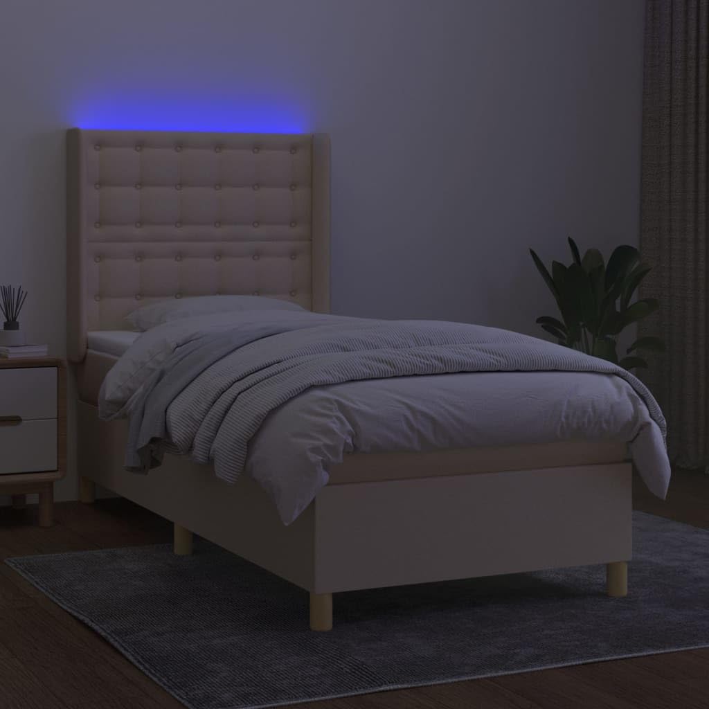 tkanina LED regulowany zagłówek kontynentalne 90x200 kremowy | Łóżko kontynentalne z materacem kremowe 90x200 cm tkanina z diodami LED do sypialni