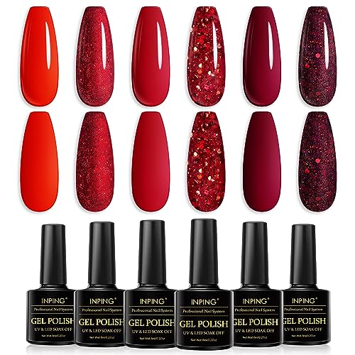 INPING Esmalte Semipermanente de Uñas, 6 colores rojo oscuro rojo Pintauñas Semipermanentes con purpurina gel UV para principiantes Uñas Diy Manicura Nail Art Set, 8 ml