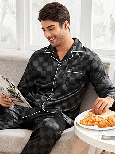 WDIRARA Men's Satin Sleepwear Plaid Button Long Sleeve Shirt and Pants Pajama Set4