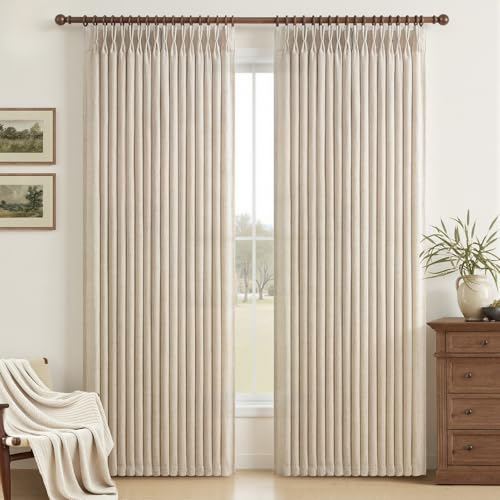 Natural Pinch Pleated Bedroom Curtains 90 Inches Long 2 Panels Set, Memory Trained Light Filtering Privacy Semi Sheer Viral Drapes Thick Linen Textured Curtain for Nursery/Kids Room Windows Burg Decor