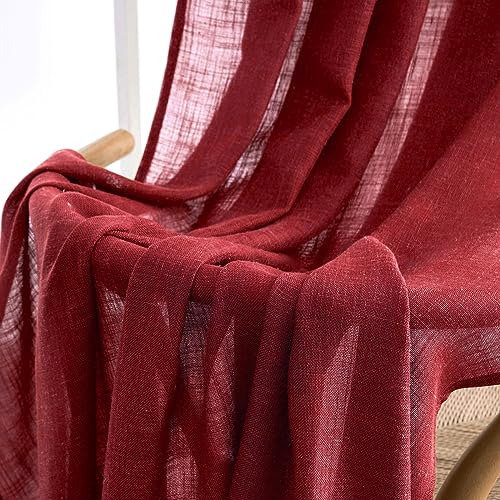 MIULEE Burgundy Red Linen Curtains 90 Inch Long for Bedroom Living Room, Soft Thick Linen Textured Window Drapes Semi Sheer Light Filtering Rod Pocket Back Tab Christmas Burlap Look, 2 Panels