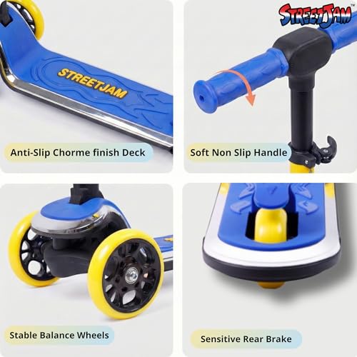 Image of STREETJAM Kurbee Kids Kick Scooter for 3-12 Years, Dazzling Chrome-Finished Deck (1st Time in India), BIS Approved, Extra Wide Deck, Two-Tone Design, Up to 50 kg Load (Blue with Golden Yellow)