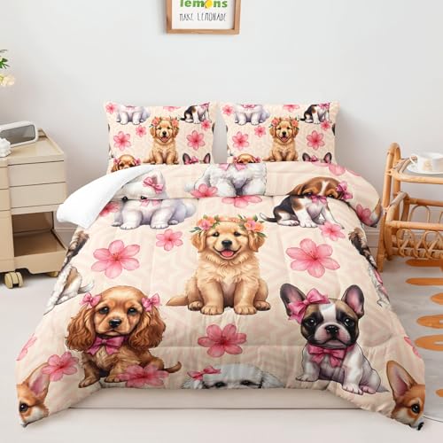 Image of AILONEN Cute Dog Printed Comforter Set Full Size for Girls - Kawaii Puppy Animal Pattern Quilt & 2 Pillowcases - Soft Breathable Pink Floral Bedding Set 3Pcs