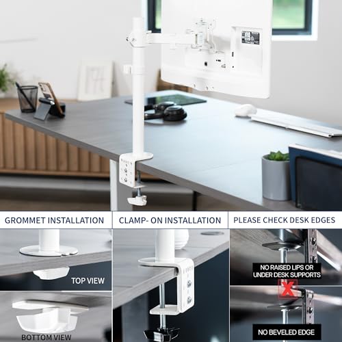 Image of VIVO Single Monitor Arm Desk Mount, Holds Screens up to 32 inch Regular and 38 inch Ultrawide, Fully Adjustable Stand with C-Clamp and Grommet Base, VESA 75x75mm or 100x100mm, White, STAND-V001W