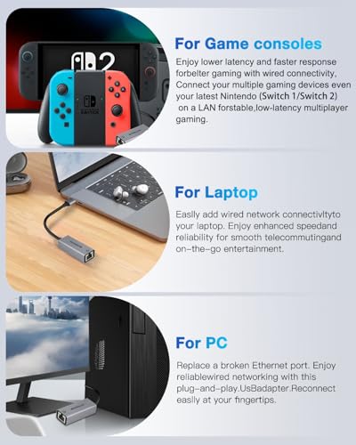 Image of USB to Ethernet Adapter,Ethernet to USB,USBA to RJ45 for Nintendo Switch 2,Gigabit Ethernet Adapter, LAN Network for Laptop, MacBook,Chromebook,Surface, Desktop,PC and More (USB A POART)
