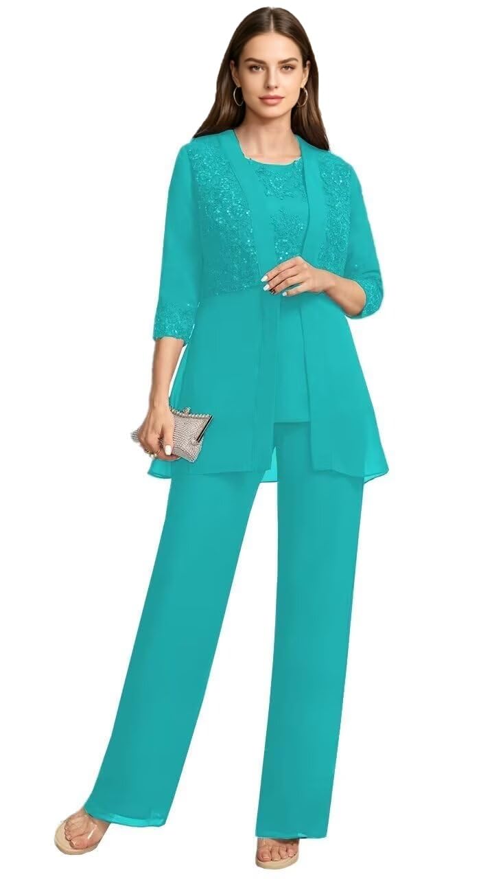 3 pezzi Madre della Sposa Pantaloni Abiti per Matrimonio Chiffon Pizzo Appliques Formale Matrimonio Guest Outfit con Giacca