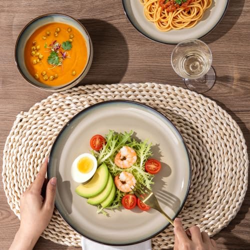 Image of GBHOME 32 Pieces Stoneware Double Bowls Dinnerware Sets for 8, Ceramic Plates and Bowls Set with Reactive Glaze, Scratch Resistant Dishes Set, Dishwasher & Microwave Safe
