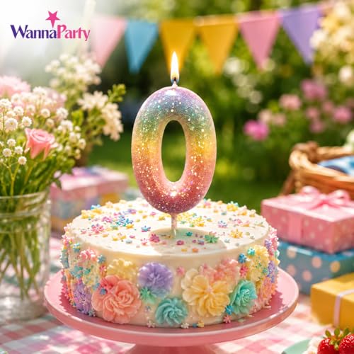 Image of Wanna Party Glitter Number 0 Cake Candle, Rainbow Sparkle Birthday Cake Topper Candle for Kids Birthday, Anniversary, Milestone Celebration, Party Cake Decoration - 1 Pc