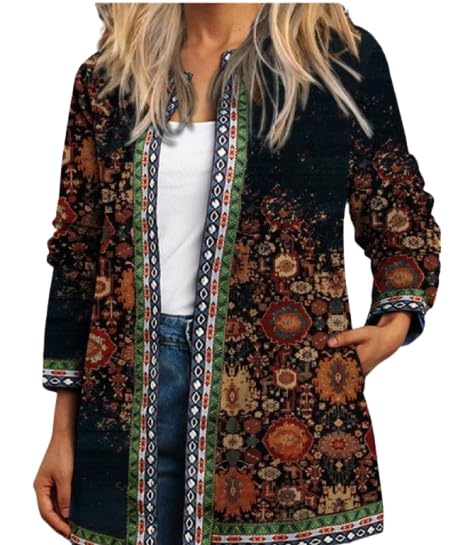 Womens Boho Floral Open Front Jacket Vintage Ethnic Print Long Sleeve Cardigan Trendy Fall Oversized Casual Blazer