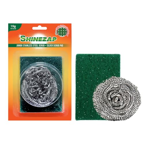 Image of Shinezap Jumbo Stainless-Steel Scrub & Silver Scrub PAD Combo in Each Pack | 30g | Ideal for Fast Clean, Long Life and Non-Rust 100% Stainless Steel | Deep Stain Removal