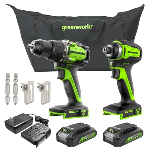Image of Greenworks 24V Brushless Cordless Compact 1 /2 in. 530 in.-lbs. Drill /Driver and 1,950 in-lbs Impact Driver Combo (21+1 Clutch Position /LED Light), 2x2Ah Battery and 2Ah Fast Charger Included
