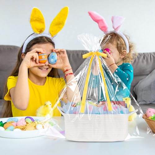 Image of OIAHOMY Woven Basket, Gift Basket Empty with Gift Bags, Ribbons and Wrap Tissue Paper, Rope Baskets for Baby Showers, Storage Baskets with Handles for Nursery, Pet Toy Organizer - Easter White
