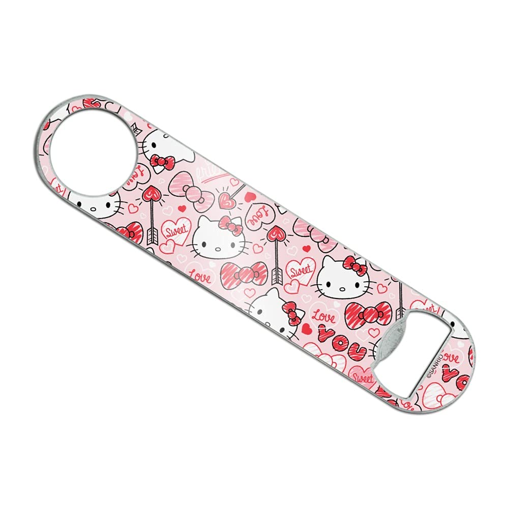 Hello Kitty Love You Valentine's Pattern Stainless Steel Vinyl Covered Flat Bartender Speed Bar Bottle Opener