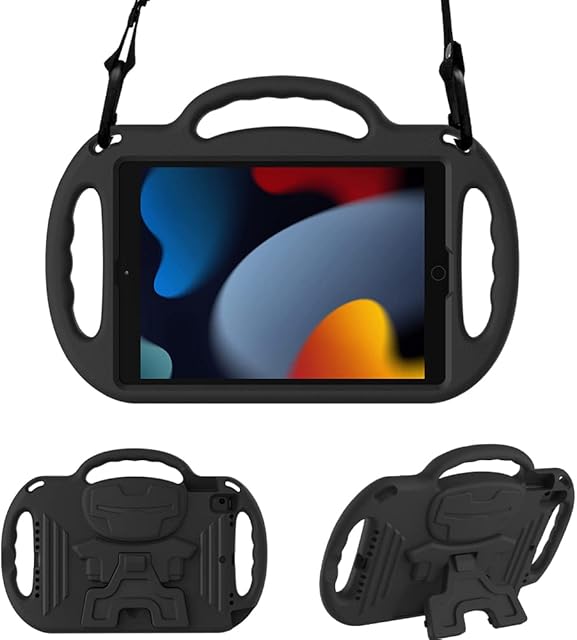 Surom Kids Case for New iPad 10.2 Inch 2021/2020/2019 (9th/8th/7th Generation), Light Weight Shock Proof Handle Stand Shoulder Strap Kids Case for 2021/2020/2019 iPad 10.2, iPad Air 3 10.5 2019, Black