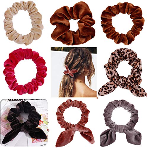 Scrunchies for Hair with Bow with 3 Small Thin Scrunchies Velvet Soft Mini Hair Ties for Women and Ladies Hair Accessories Multicolored Ponytail Holder 8pcs