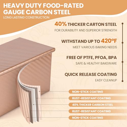 Image of Yupjlia Pullman Loaf Pan with Lid, 1LB, Nonstick, Even Baking, Clean Easily | Premium Sandwich Bread Loaf Pan with Lid for Homemade Bread, Heavy Duty Carbon Steel Corrugated Pullman Toast Box, 9 x 4
