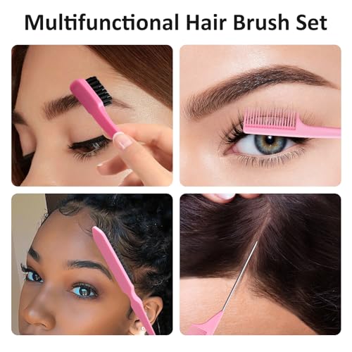 7 Pcs Pink Hair Brush Set Bristle Hair Brush and Double Sided Hair Brush Topsy Hair Tail Tools Edge Control Brush Metal Pin Rat Tail Combs for Hair Styling for Woman Girls - Image 7