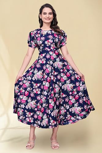 Image of Women's A-Line Crepe Maxi Dress | Stylish Fit and Flare Dress with Round Neck Short Puff Sleeves for Casual Wear