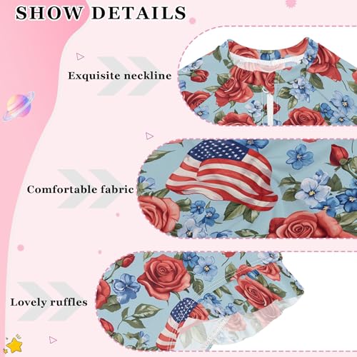July 4th American Flag Rose Girls Long Sleeve Rashguard Swimsuit UV Protection One-Piece Swimwear B04046014