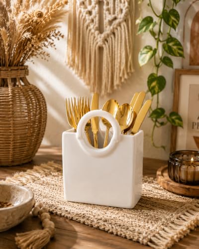 Image of Ceramic Utensil Holder, White Kitchen Organiser, Cutlery Set Holder (White)