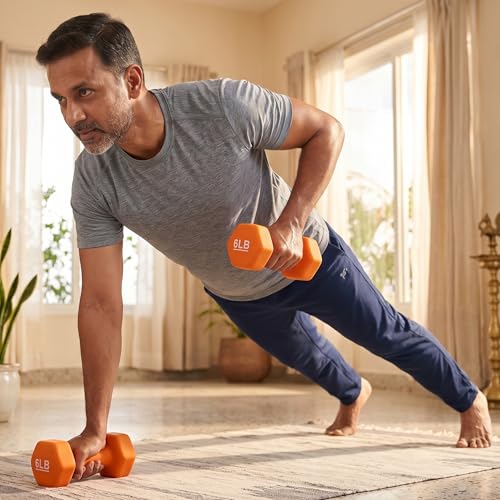 Image of KAKSS Neoprene Dumbbell Set of 2 (6 lb / 2.7 Kg Each), Orange Hex Dumbbells with Cast Iron Core and Non-Slip Coated Grip, Hand Weights for Home Workout Equipment and Gym Dumbbell for Women and Men