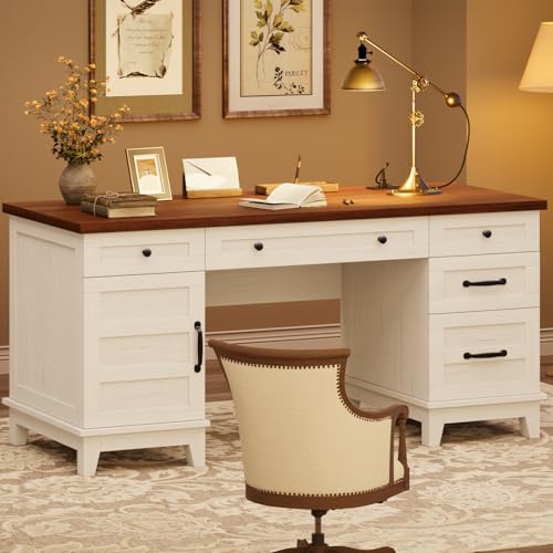 GarveeHome Executive Desk with File Drawers, Farmhouse Home Office Desk with Charging Station, 60" Wooden Computer Desk with Cabinet Storage for Work Study Writing, White Walunt