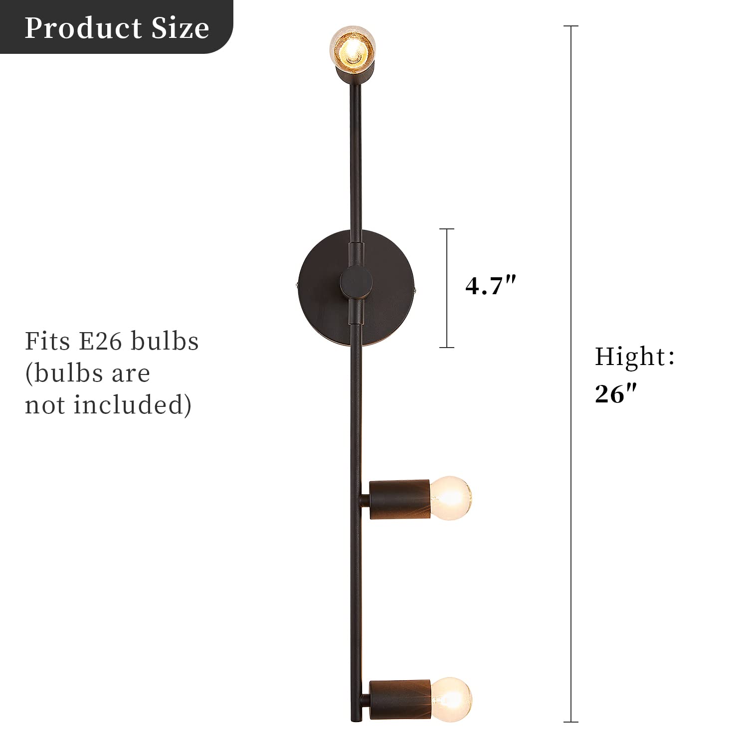 Yenigy Bedroom Wall Sconces,3 Lights Matte Black Vintage Lighting, Modern Wall Mounted Lights,Porch Hallway Wall Lamp for Living Room Bedroom Bathroom Mirror (E26 Base)