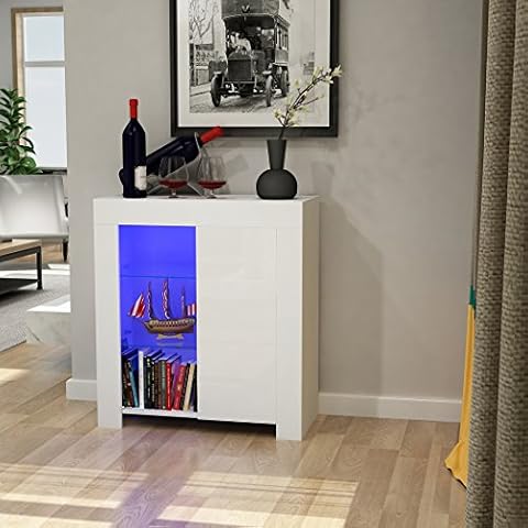 Sanmey Modern Sideboard High Gloss Fronts Storage Cabinet with RGB LED Lights Living Room Hallway Cupboard White Cover