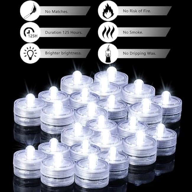 Submersible LED Light, Tea Lights, Pond Underwater Small LED Lights, Battery Operated 125 Hours, for Wedding Home Vase Festival Party Decoration White 24Pcs (Built-in 48 Batteries)