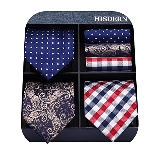 Image of HISDERN Mens Ties and Pocket Square Set Business Elegant Ties for Men Classic Lot 3 Pcs Wedding Party Neckties & Handkerchief