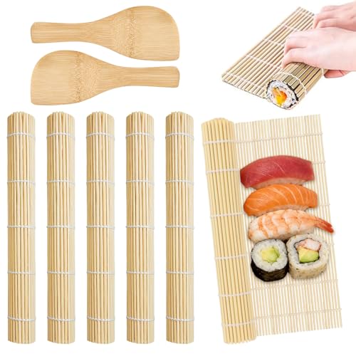 ZXBBTZ 6 PCS Esterilla Sushi con 2 Espátula de Arroz, alfombrilla de Bambu para Sushi 24x23cm, Estera de Bambu paraSushi, Kit para HacerSushi para Principiantes en Casa