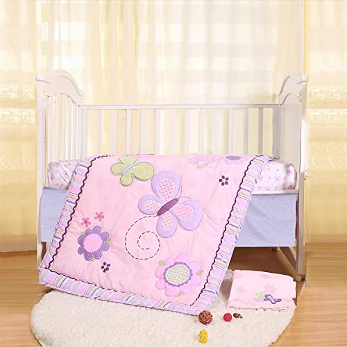 Image of Sweet baba 4 Piece Cute Butterfly Crib Bedding Set,Pink Crib Set for Baby Girls(Flowers),Microfiber Printed Nursery Bedding Set Including Comforter/Skirt/2 Crib Sheets