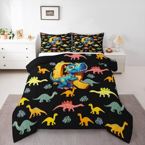 Homemissing Juego de edredón para niños y niñas, diseño de dinosaurio de dibujos animados, tamaño King, juego de ropa de cama personalizado con inicial Q para niños y niñas, diseño de dinosaurio de la