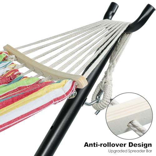 Image of Gafete Double Hammock with Stand for Outside, Upgraded Spreader Bar, Heavy Duty Space Saving Steel Stand 2 Person, Side Pockets, Easy Assembly, 600lbs Weight Capacity, Indoor & Outdoor (Salsa Orange)