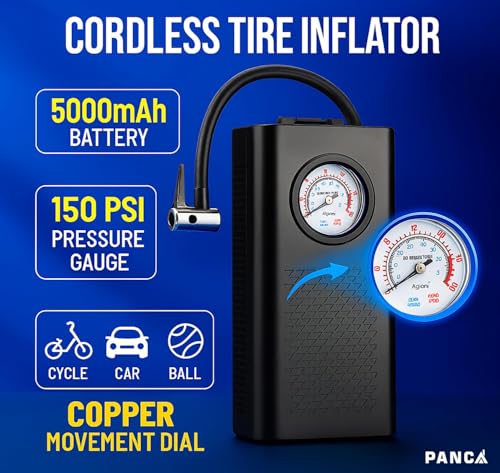 Image of PANCA Cordless Air Pump Portable Tyre Inflator with Pressure Gauge, 5000mAh Battery & Multiple Nozzle Attachments | 150 PSI Wireless Mini Air Compressor