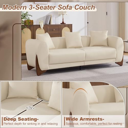 Image of 87 inch Faux Leather Cloud Couch Modern 3 Seater Sofa with Solid Wood Legs, 25 inch Extra Deep Seat, Comfy Thick Cushion Upholstered Sofa Couches with 3 Pillows for Living Room, Biege