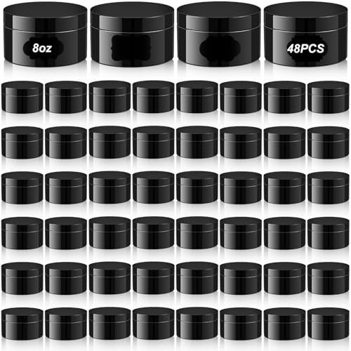 Uiifan 48 Pcs 8 oz Plastic Cosmetic Jars with Lids and Labels Empty Refillable Cosmetic Leak Proof Containers Lotion Jars for Cream Body Butters Powder Ointment Lip Scrub (Black)