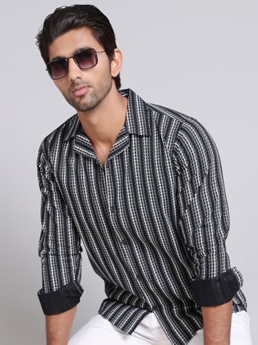 Image of Indian Needle Black Stripes Cotton Regular Fit Men's Casual Shirt (Black, XL)