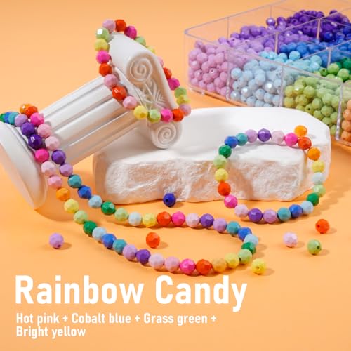 Image of 2600+pcs Faceted Beads Kit 18 Color Rainbow Opaque Plastic Beads Multicolor Loose Spacer Pony Beads Bulk Elastic String for Bracelets Necklaces Key Chains DIY Craft Jewelry Making