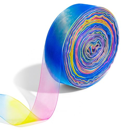 Ouligay 50 yardas de cinta de arco iris, cinta de organza de gasa para envolver regalos, cinta de regalo, cinta de lazo, bolsa escolar, multicolor, cinta de raso para manualidades, 45 m, cinta de