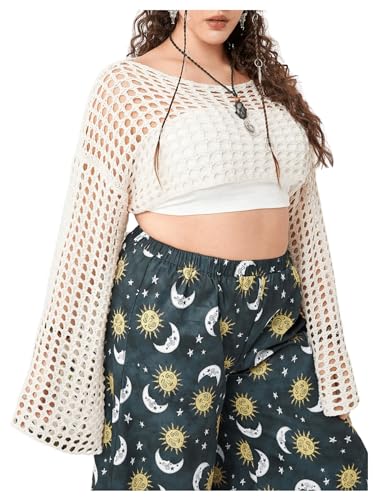 COZYEASE Women's Plus Size Y2K Hollow Out Long Sleeve Shrug Boat Neck Knit Crop Top Crochet Pullover Sweater3