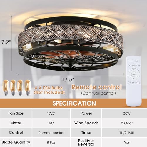 SHIHOT 18" Low Profile Caged Ceiling Fans with Lights and Remote, Flush Mount Ceiling Fan with Light, Bedroom Fan, Small Industrial Black Ceiling Light Fixture, Reversible(Bulbs Not Included) - Image 5