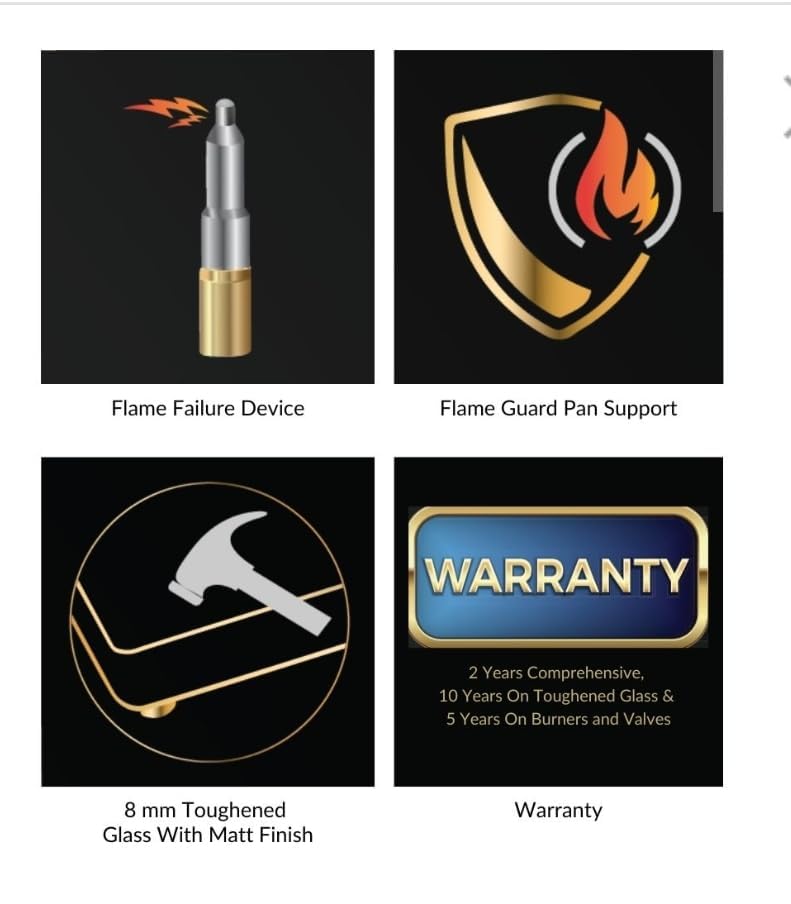 Image of Hindware IVANA 4B 86 CM | Built in Hob With Flame Failure Device | Frost Glass with Golden Coated SS Strips | Gold Metallic Finish & Jet Black Knobs