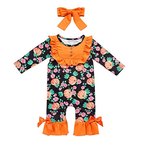 Toddler Little Girls Baby Halloween Pumpkin Romper Headband Icing Ruffle Bottoms Long Sleeve Jumpsuit Playwear Pants Floral Printed Pajamas Nightwear Homewear Birthday Outfit Party Clothes Orange 0-6M