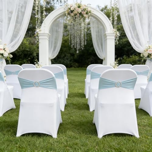 Image of Spandex Chair Sashes Bands, Baby Blue, 30PCS | Stretch Chair Ties Bows, With Buckle Slider, For Wedding Party Banquet Decoration