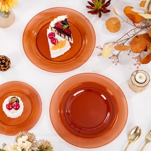 Image of I00000 200 Pcs Clear Brown Plastic Plates - Elegant Disposable Plastic Party Plates Include 100 Dinner Plate 10'' and 100 Dessert Plate 7'' Perfect for Birthday, Party & Wedding