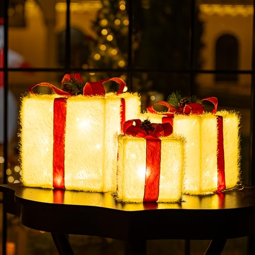 Tisejoy 9048 Christmas Lighted Gift Boxes 3 Pack,Pre-Lit 60 Led Light Up Present Boxes Christmas Outdoor Decorations For Indoor Porch Patio Yard Tree Holiday Party(Warm White) thumb #1